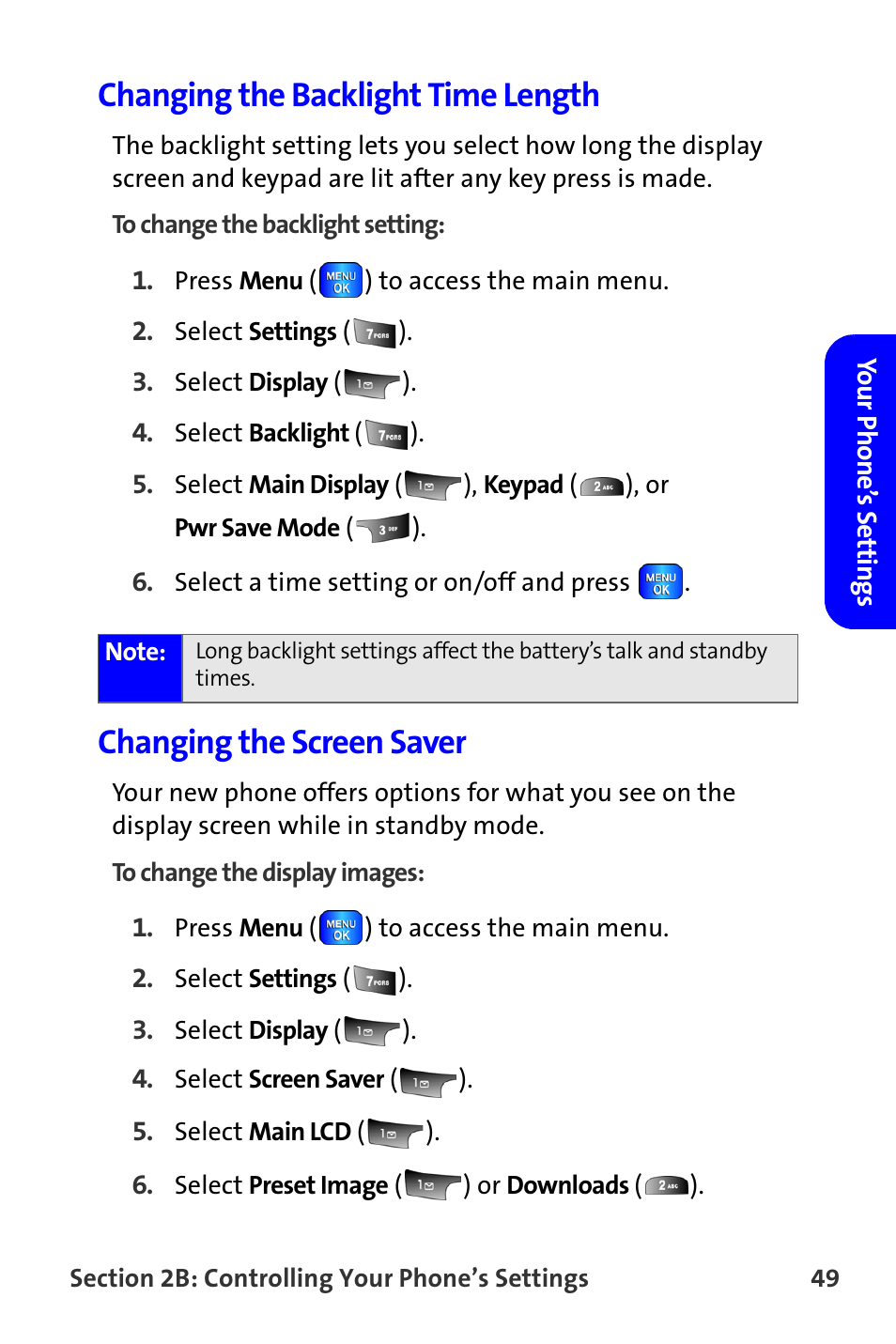 Changing the backlight time length, Changing the screen saver | Samsung A820 User Manual | Page 57 / 239