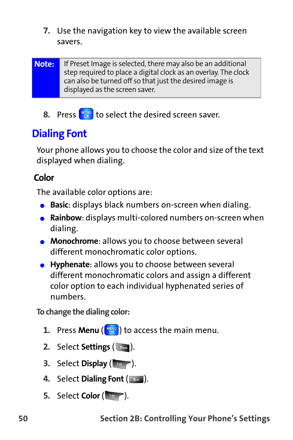 Dialing font, Color | Samsung A820 User Manual | Page 58 / 239