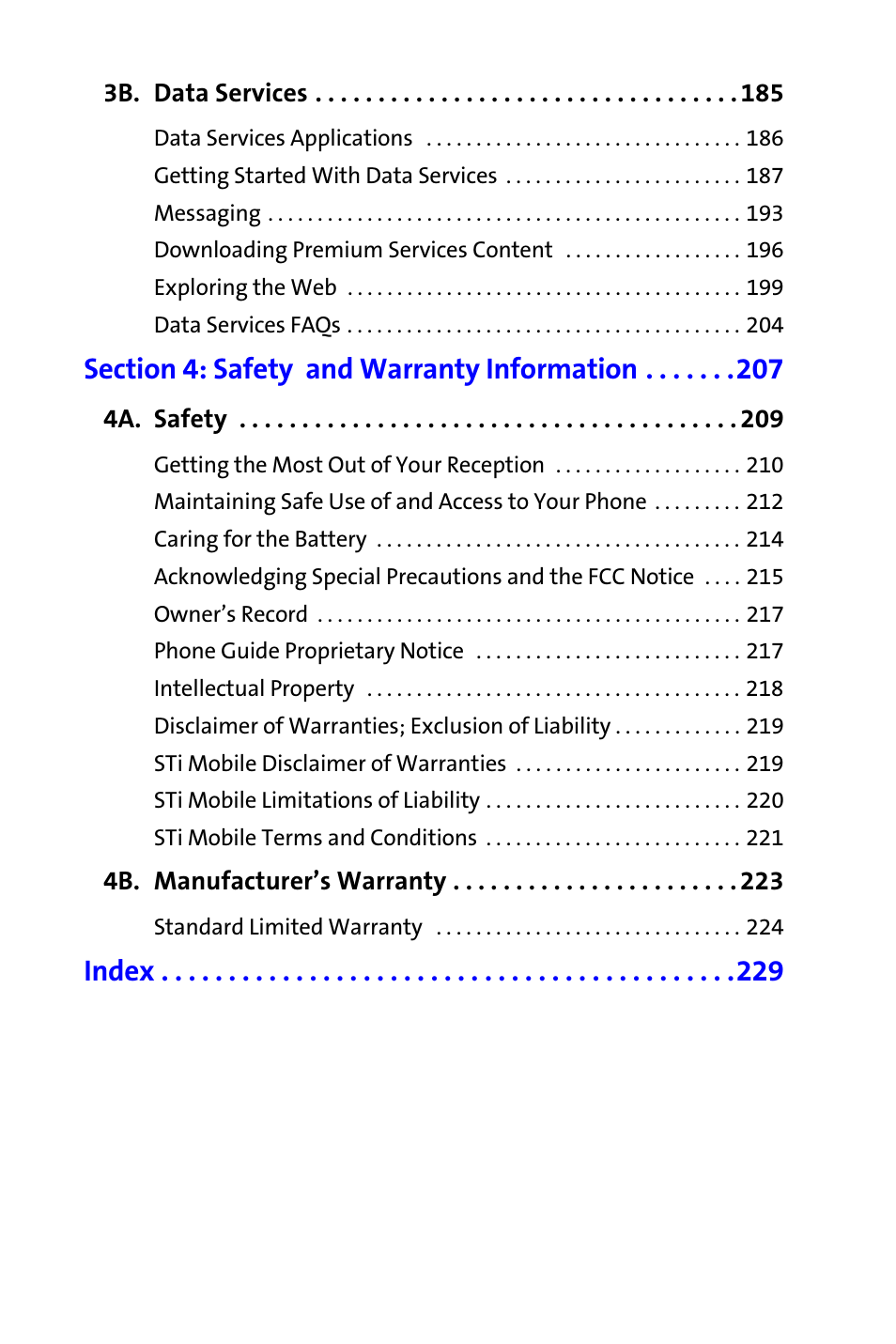 3b. data services 185, Section 4: safety and warranty information 207, 4a. safety 209 | 4b. manufacturer’s warranty 223, Index | Samsung A820 User Manual | Page 6 / 239