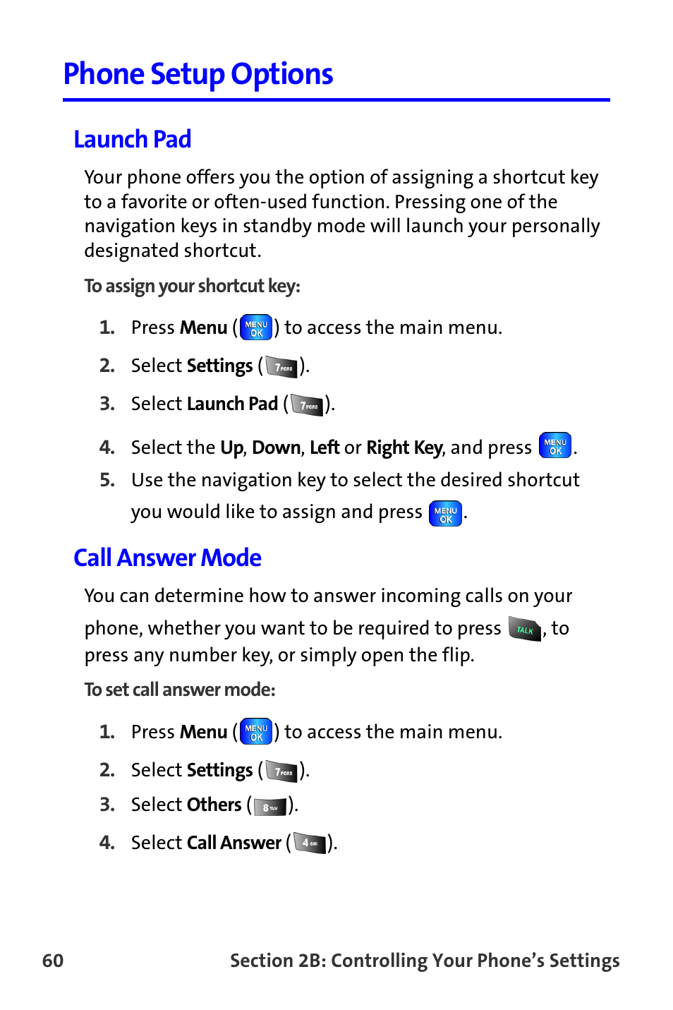 Phone setup options, Launch pad, Call answer mode | Samsung A820 User Manual | Page 68 / 239