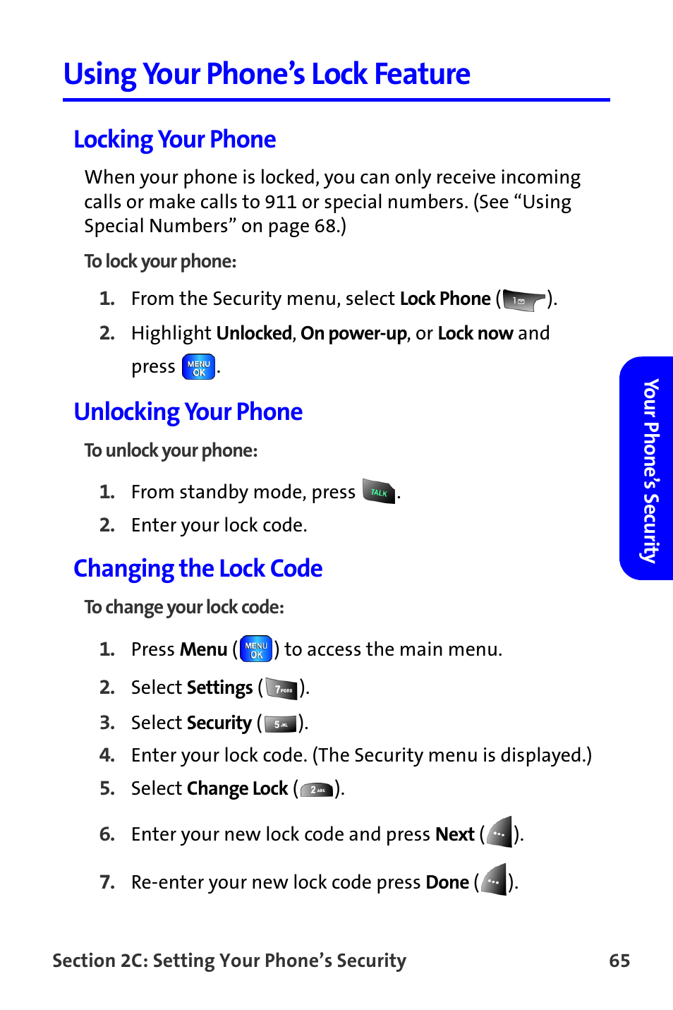 Using your phone’s lock feature, Locking your phone, Unlocking your phone | Changing the lock code | Samsung A820 User Manual | Page 73 / 239