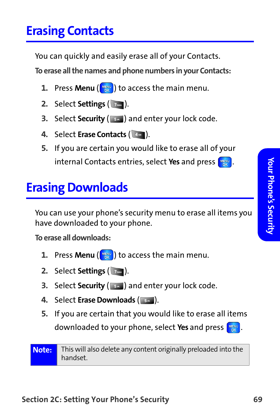 Erasing contacts, Erasing downloads | Samsung A820 User Manual | Page 77 / 239