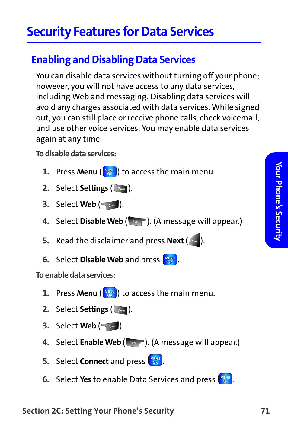 Security features for data services, Enabling and disabling data services | Samsung A820 User Manual | Page 79 / 239