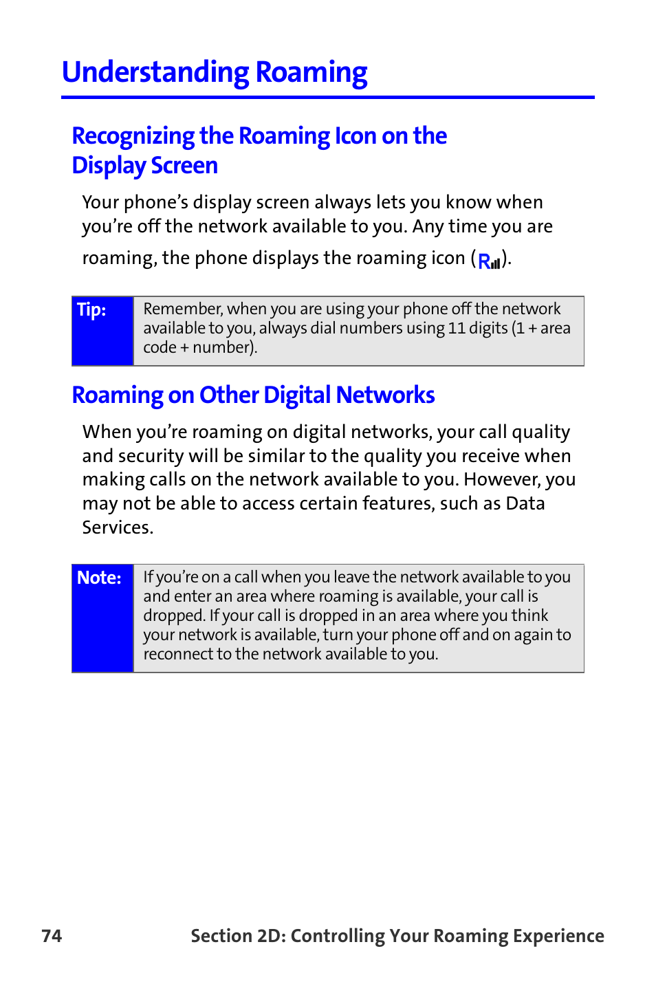 Understanding roaming, Recognizing the roaming icon on the display screen, Roaming on other digital networks | Samsung A820 User Manual | Page 82 / 239