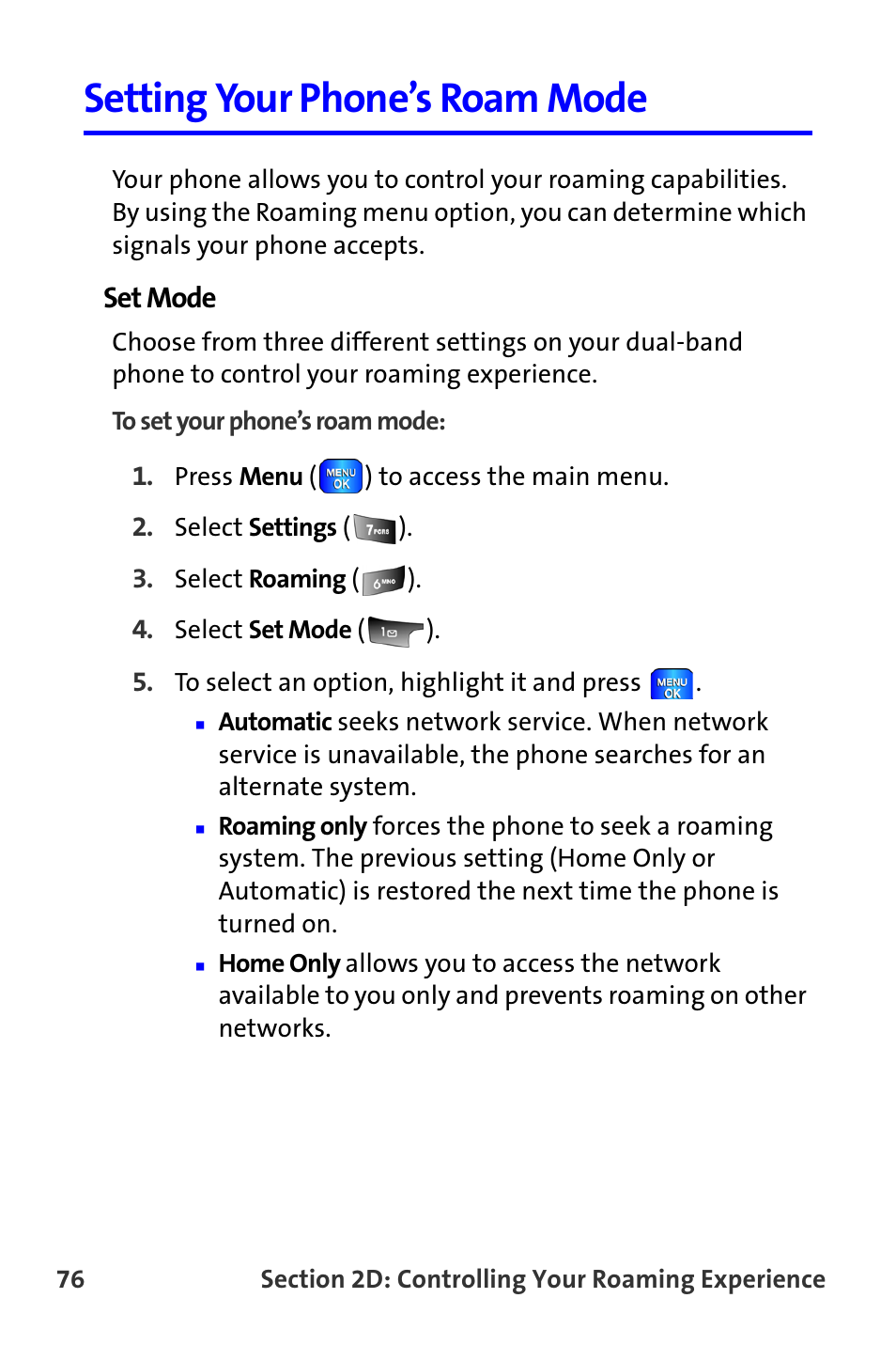 Setting your phone’s roam mode | Samsung A820 User Manual | Page 84 / 239