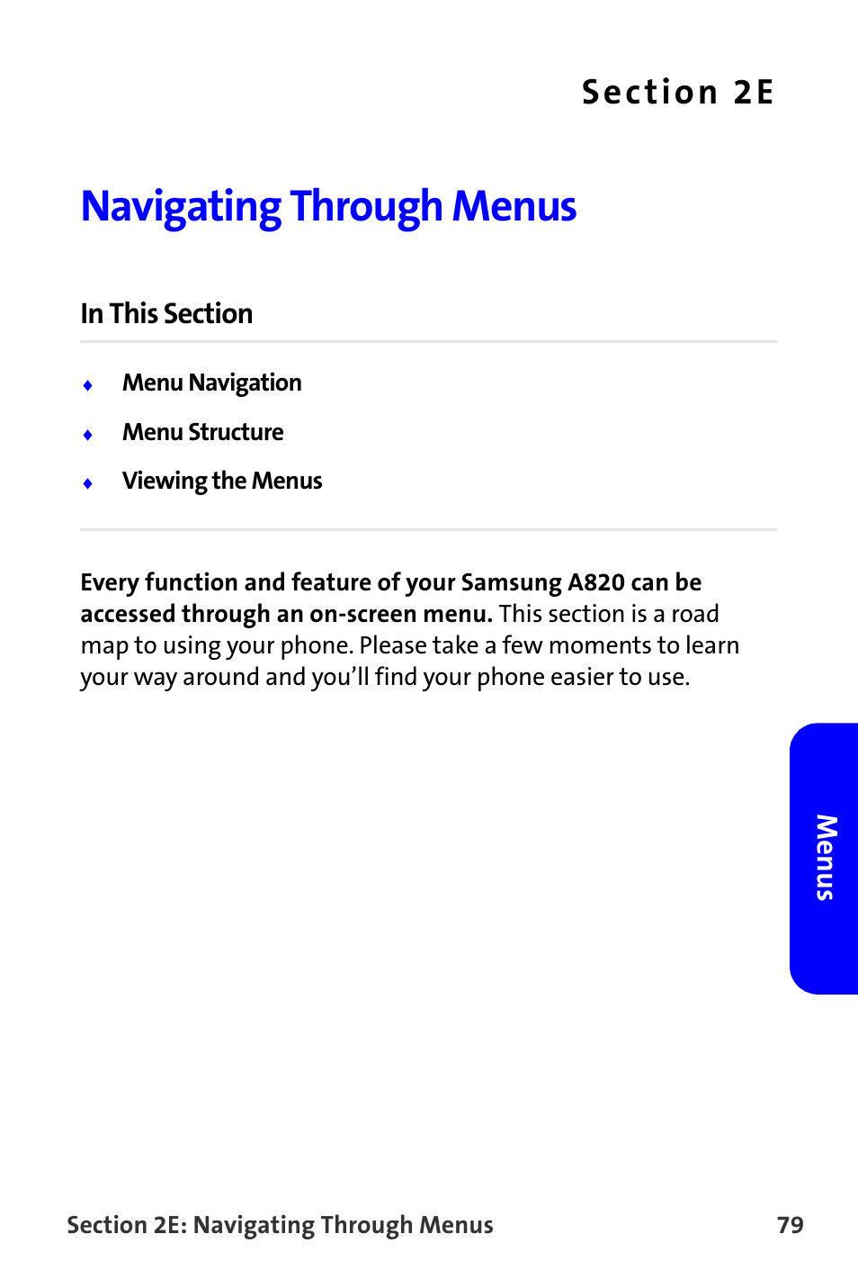 Navigating through menus, 2e. navigating through menus, Menus | Samsung A820 User Manual | Page 87 / 239