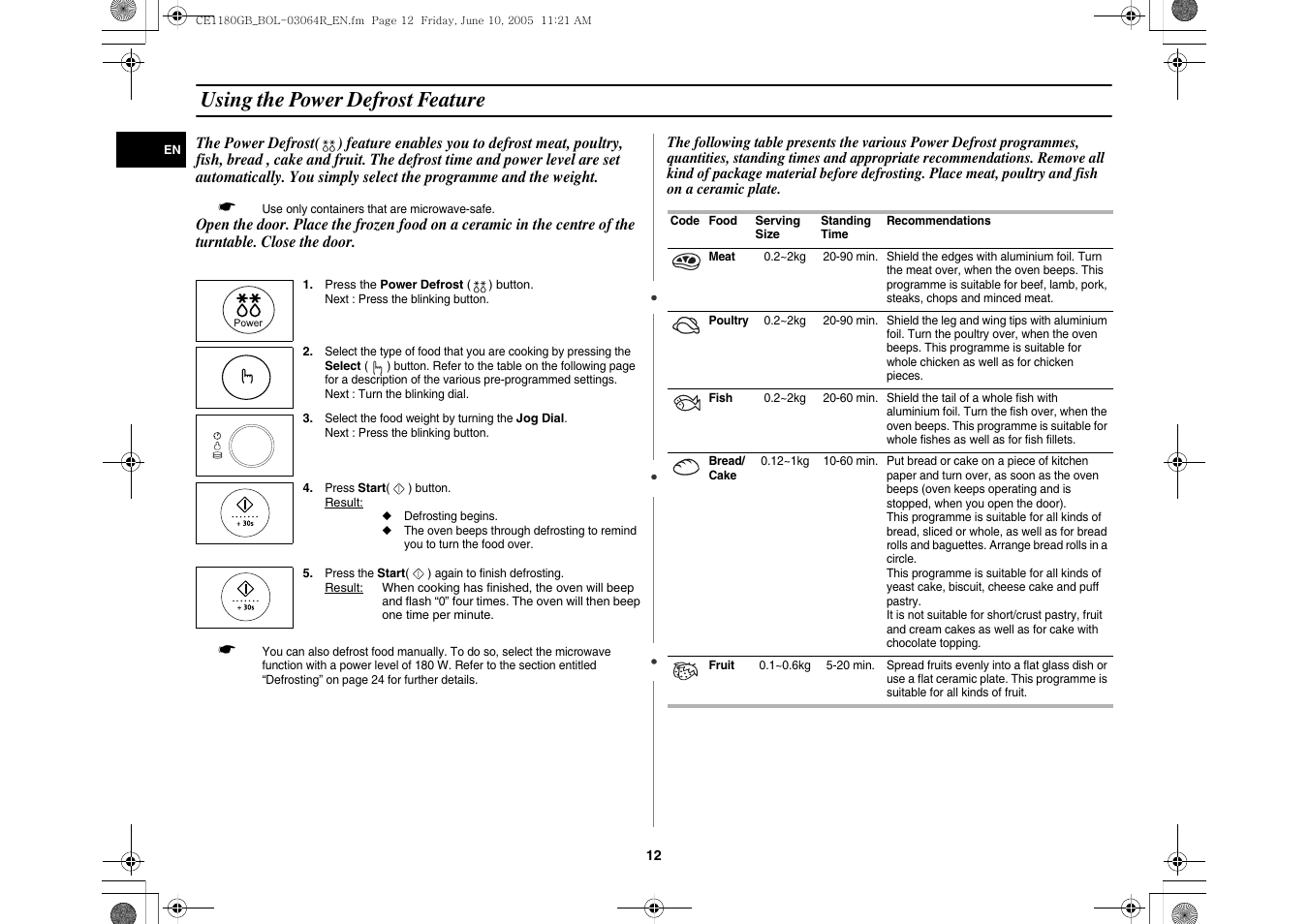 Using the power defrost feature | Samsung DE68-03064R User Manual | Page 12 / 32