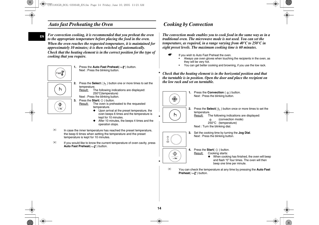 Auto fast preheating the oven, Cooking by convection | Samsung DE68-03064R User Manual | Page 14 / 32