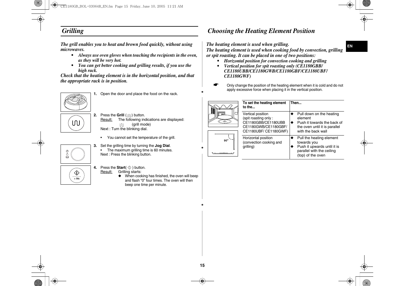 Grilling, Choosing the heating element position | Samsung DE68-03064R User Manual | Page 15 / 32