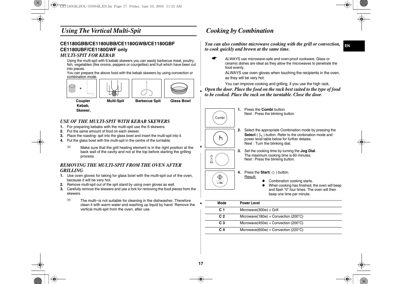 Using the vertical multi-spit, Cooking by combination | Samsung DE68-03064R User Manual | Page 17 / 32