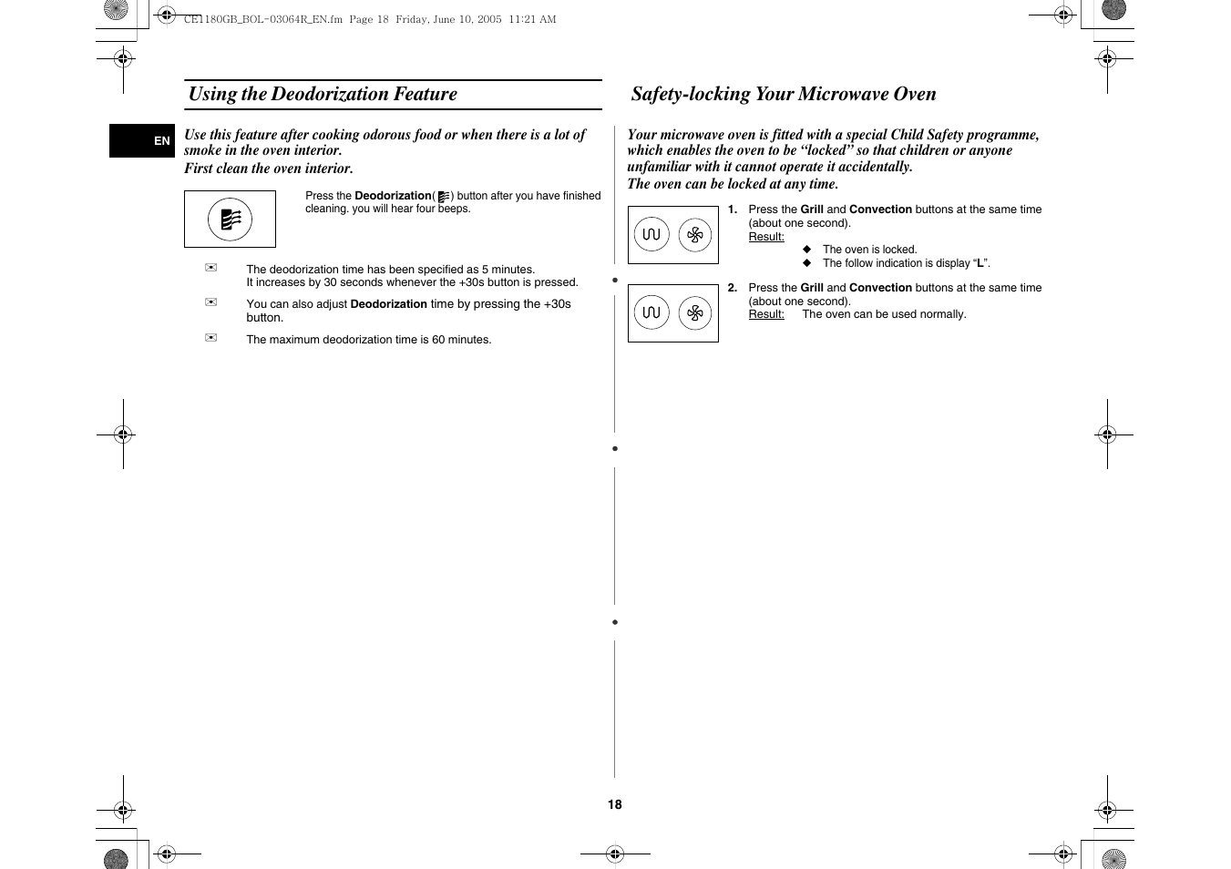 Using the deodorization feature, Safety-locking your microwave oven | Samsung DE68-03064R User Manual | Page 18 / 32