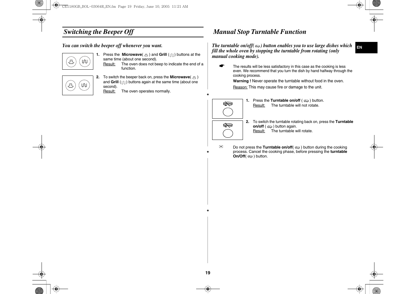 Switching the beeper off, Manual stop turntable function | Samsung DE68-03064R User Manual | Page 19 / 32