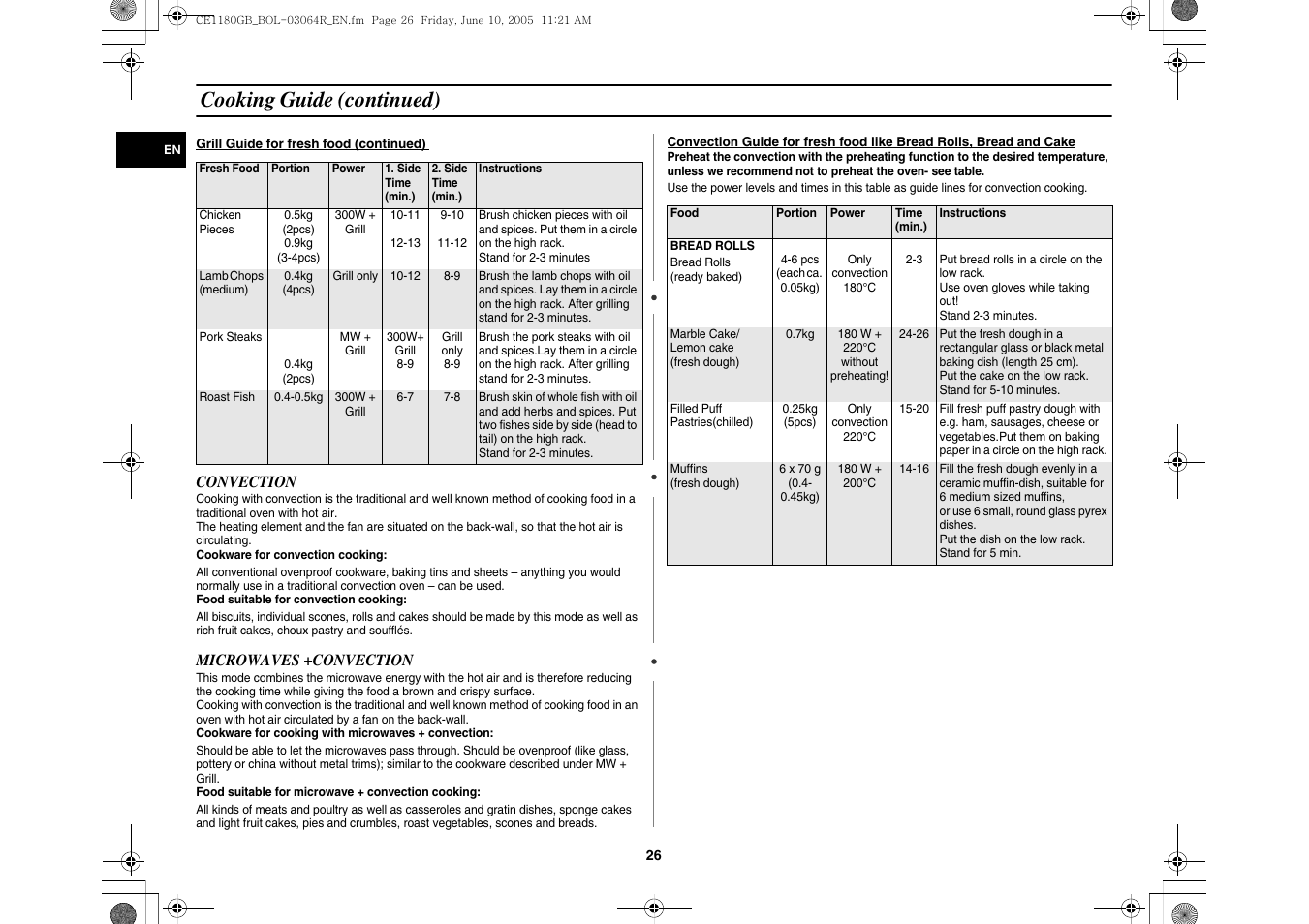 Cooking guide (continued) | Samsung DE68-03064R User Manual | Page 26 / 32