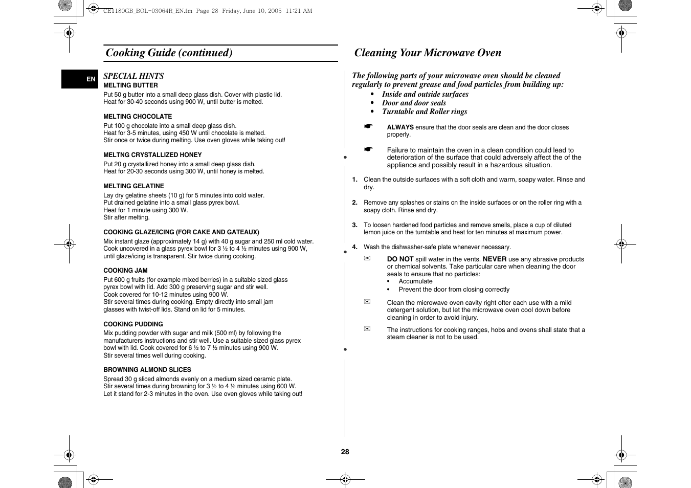 Cleaning your microwave oven, Cooking guide (continued) | Samsung DE68-03064R User Manual | Page 28 / 32