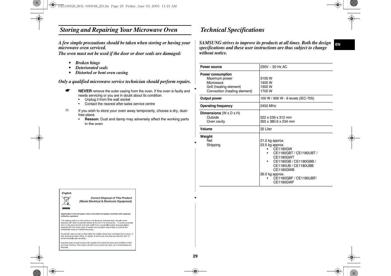 Storing and repairing your microwave oven, Technical specifications | Samsung DE68-03064R User Manual | Page 29 / 32
