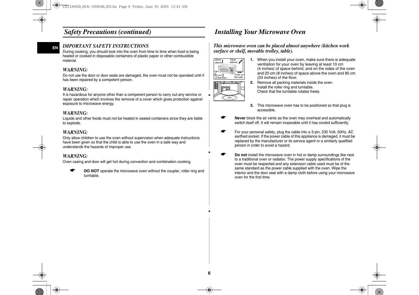 Installing your microwave oven, Safety precautions (continued) | Samsung DE68-03064R User Manual | Page 6 / 32