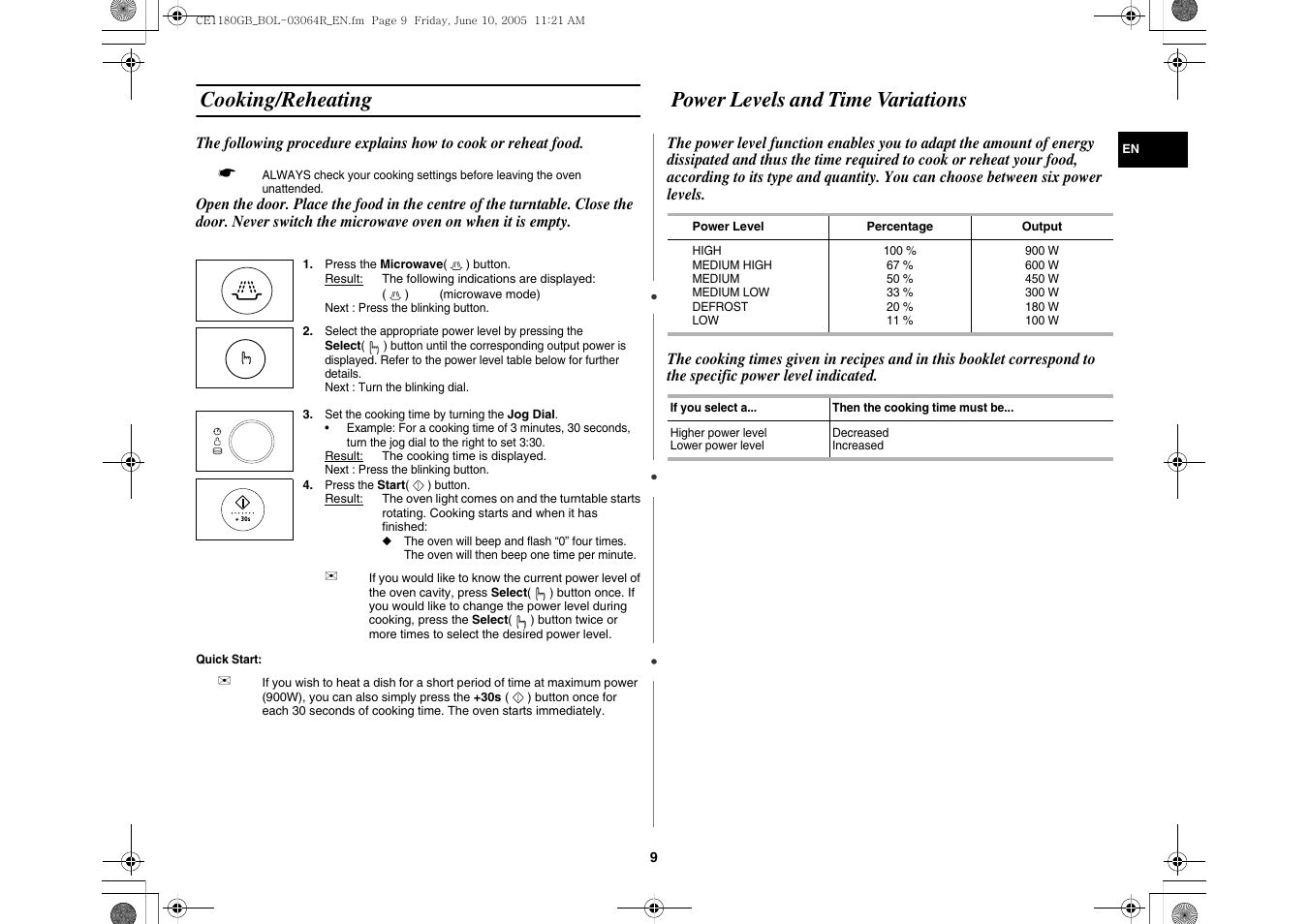 Cooking/reheating, Power levels and time variations | Samsung DE68-03064R User Manual | Page 9 / 32