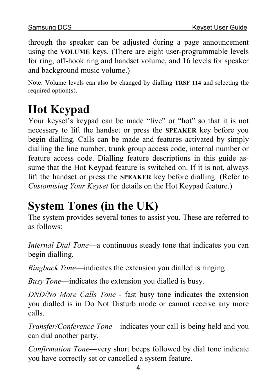 Hot keypad, System tones (in the uk) | Samsung DCS KEYSET User Manual | Page 13 / 76