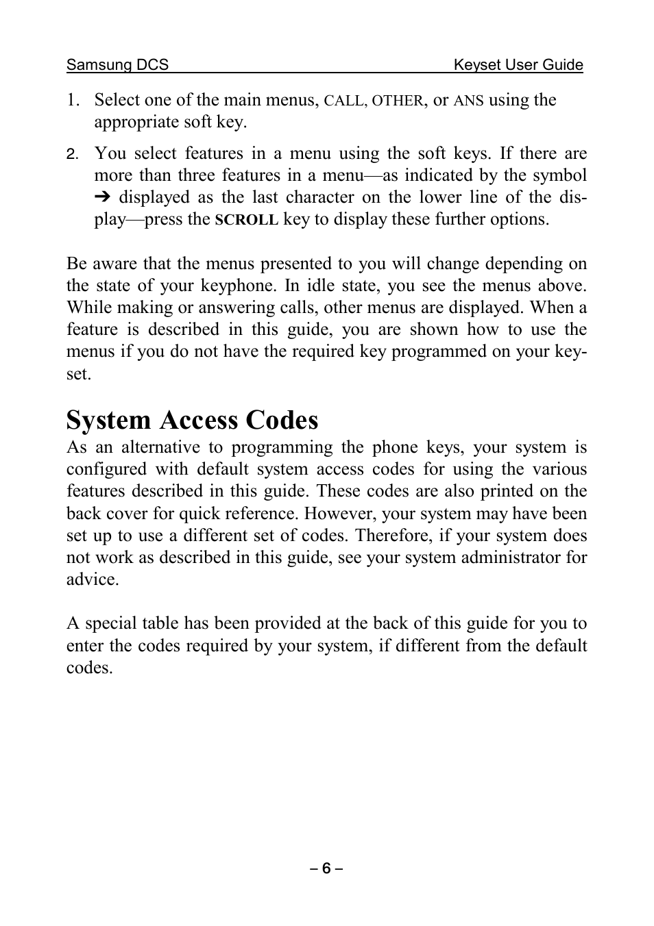 System access codes | Samsung DCS KEYSET User Manual | Page 15 / 76