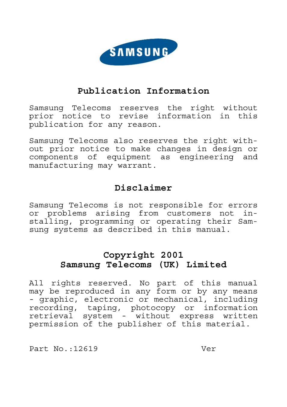 Publication information, Disclaimer, Copyright 2001 samsung telecoms (uk) limited | Samsung DCS KEYSET User Manual | Page 2 / 76