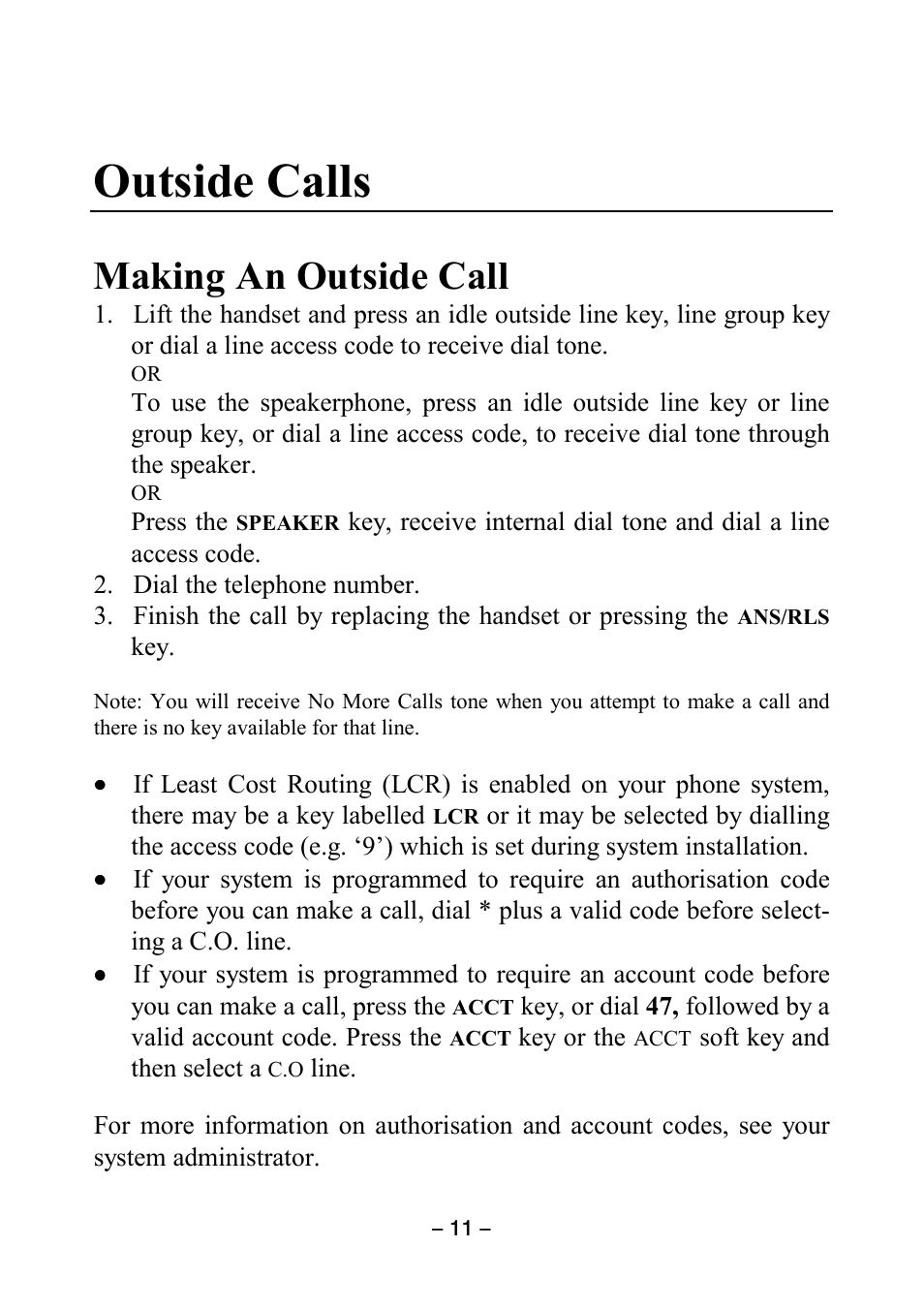 Outside calls, Making an outside call | Samsung DCS KEYSET User Manual | Page 20 / 76