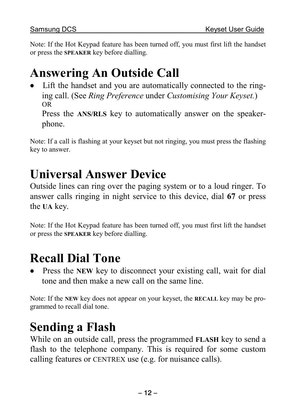 Answering an outside call, Universal answer device, Recall dial tone | Sending a flash | Samsung DCS KEYSET User Manual | Page 21 / 76