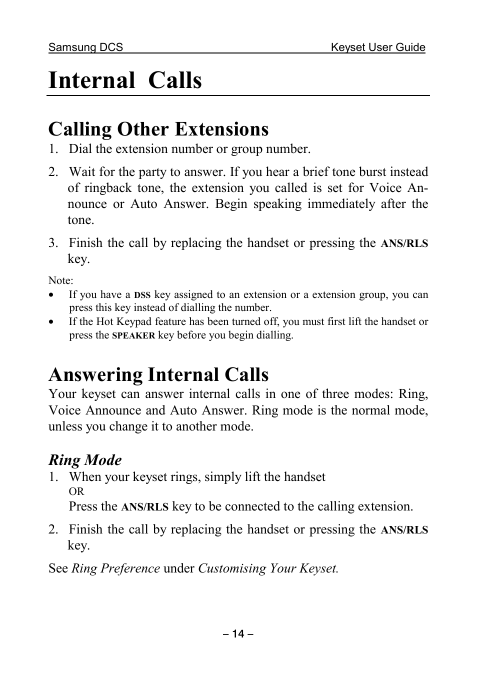 Internal calls, Calling other extensions, Answering internal calls | Ring mode, Ring, Mode | Samsung DCS KEYSET User Manual | Page 23 / 76