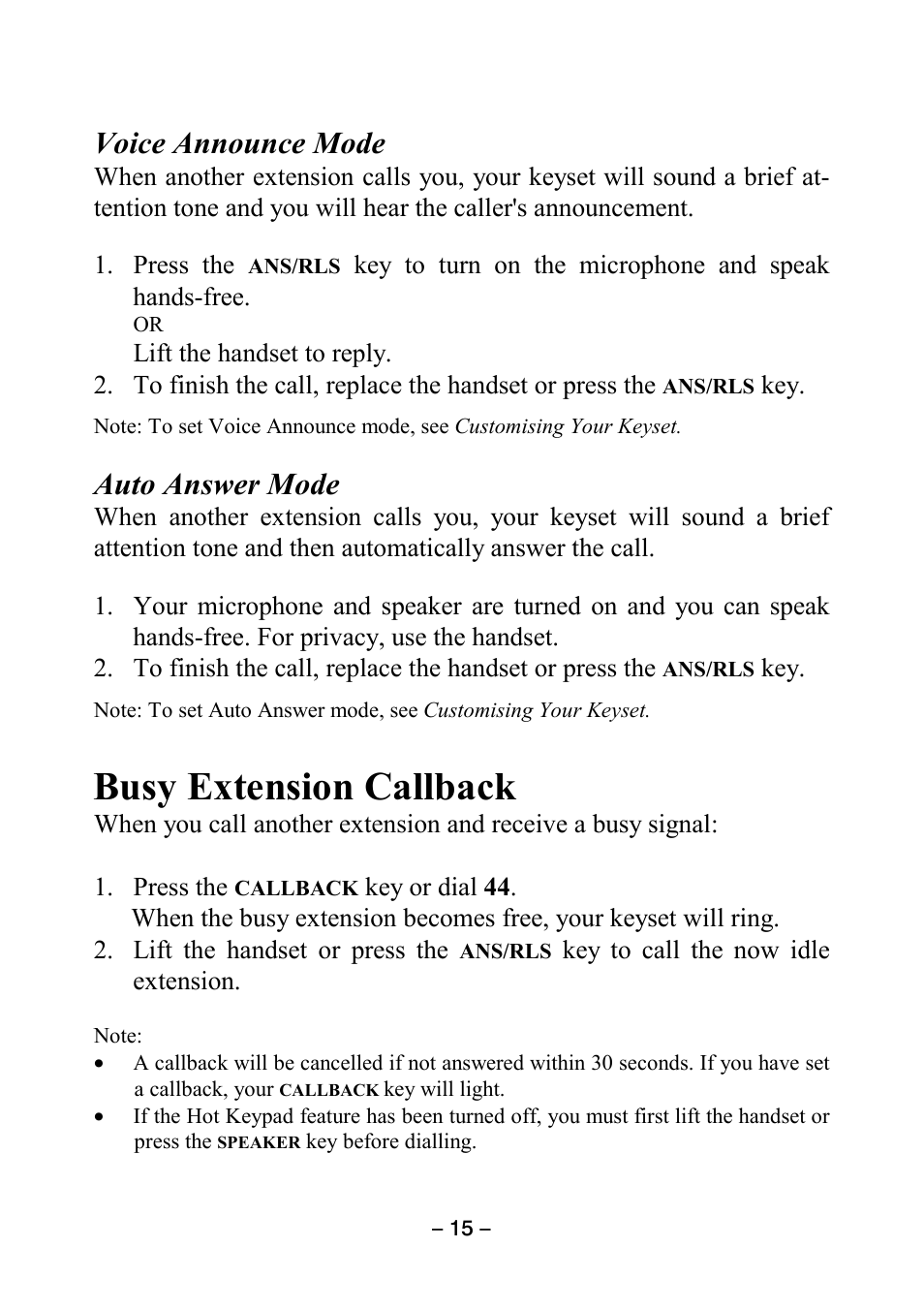 Voice announce mode, Auto answer mode, Busy extension callback | Samsung DCS KEYSET User Manual | Page 24 / 76