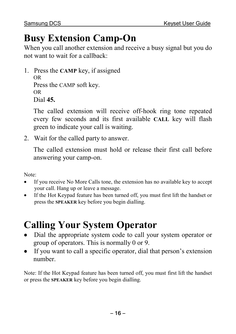 Busy extension camp-on, Calling your system operator | Samsung DCS KEYSET User Manual | Page 25 / 76
