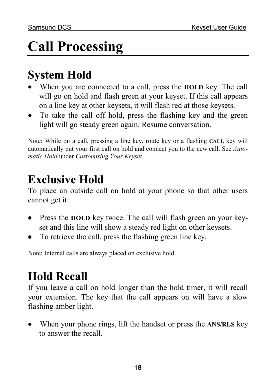 Call processing, System hold, Exclusive hold | Hold recall | Samsung DCS KEYSET User Manual | Page 27 / 76