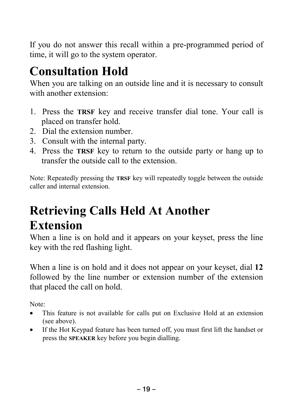 Consultation hold, Retrieving calls held at another extension | Samsung DCS KEYSET User Manual | Page 28 / 76