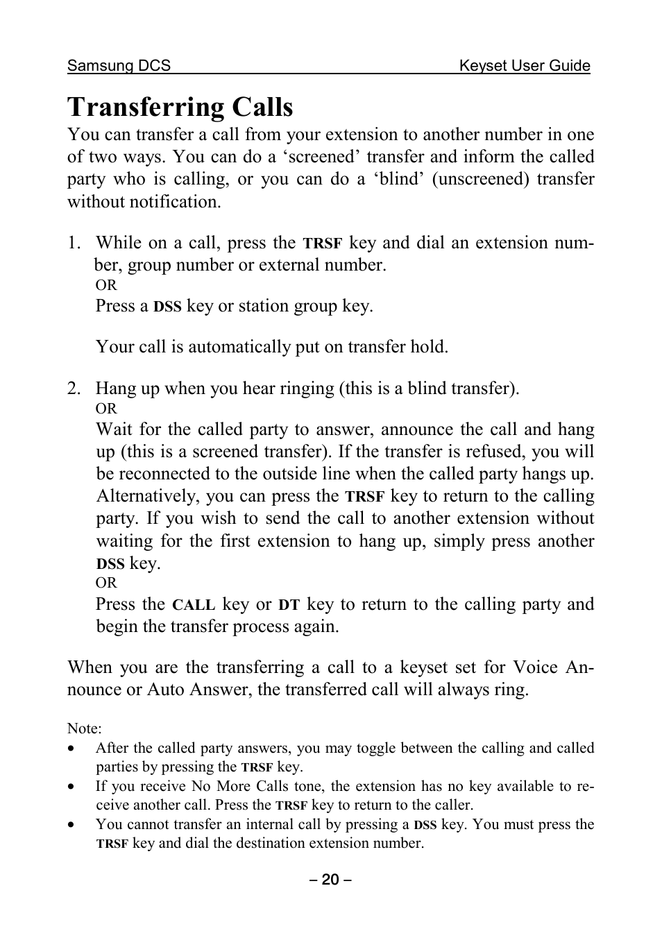 Transferring calls | Samsung DCS KEYSET User Manual | Page 29 / 76