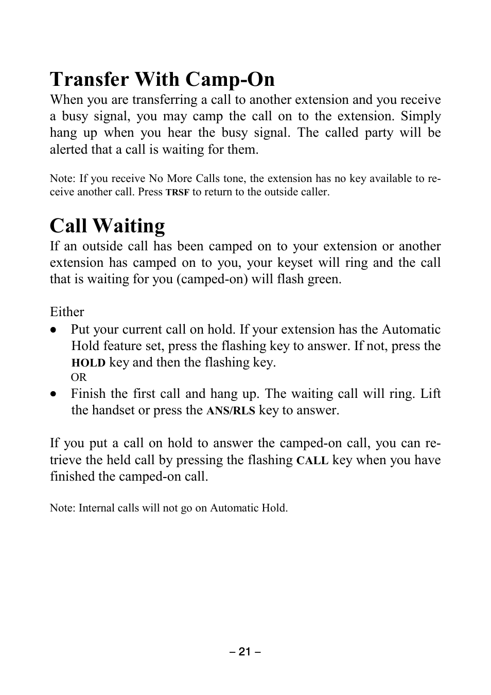 Transfer with camp-on, Call waiting | Samsung DCS KEYSET User Manual | Page 30 / 76