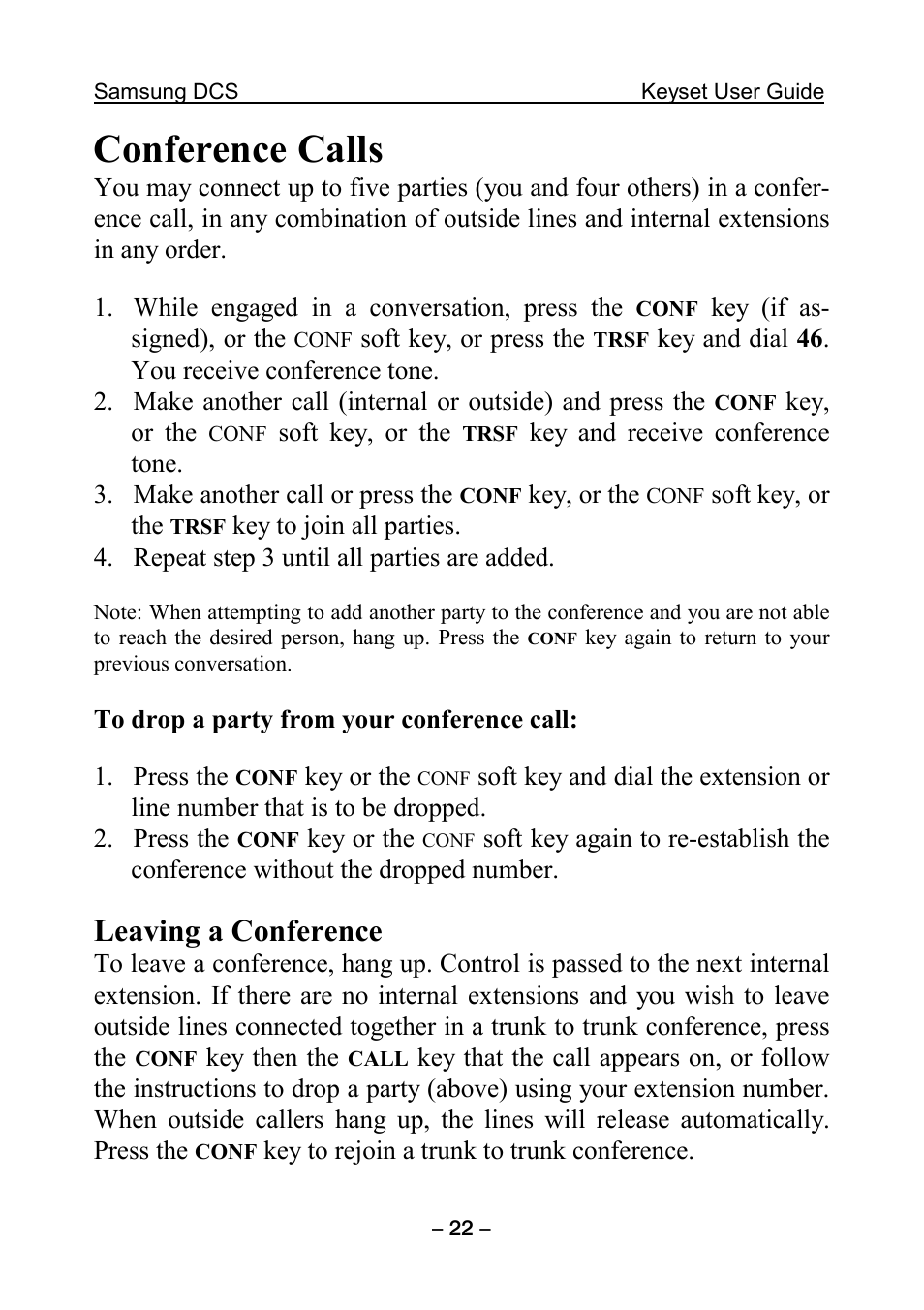 Conference calls, Leaving a conference | Samsung DCS KEYSET User Manual | Page 31 / 76