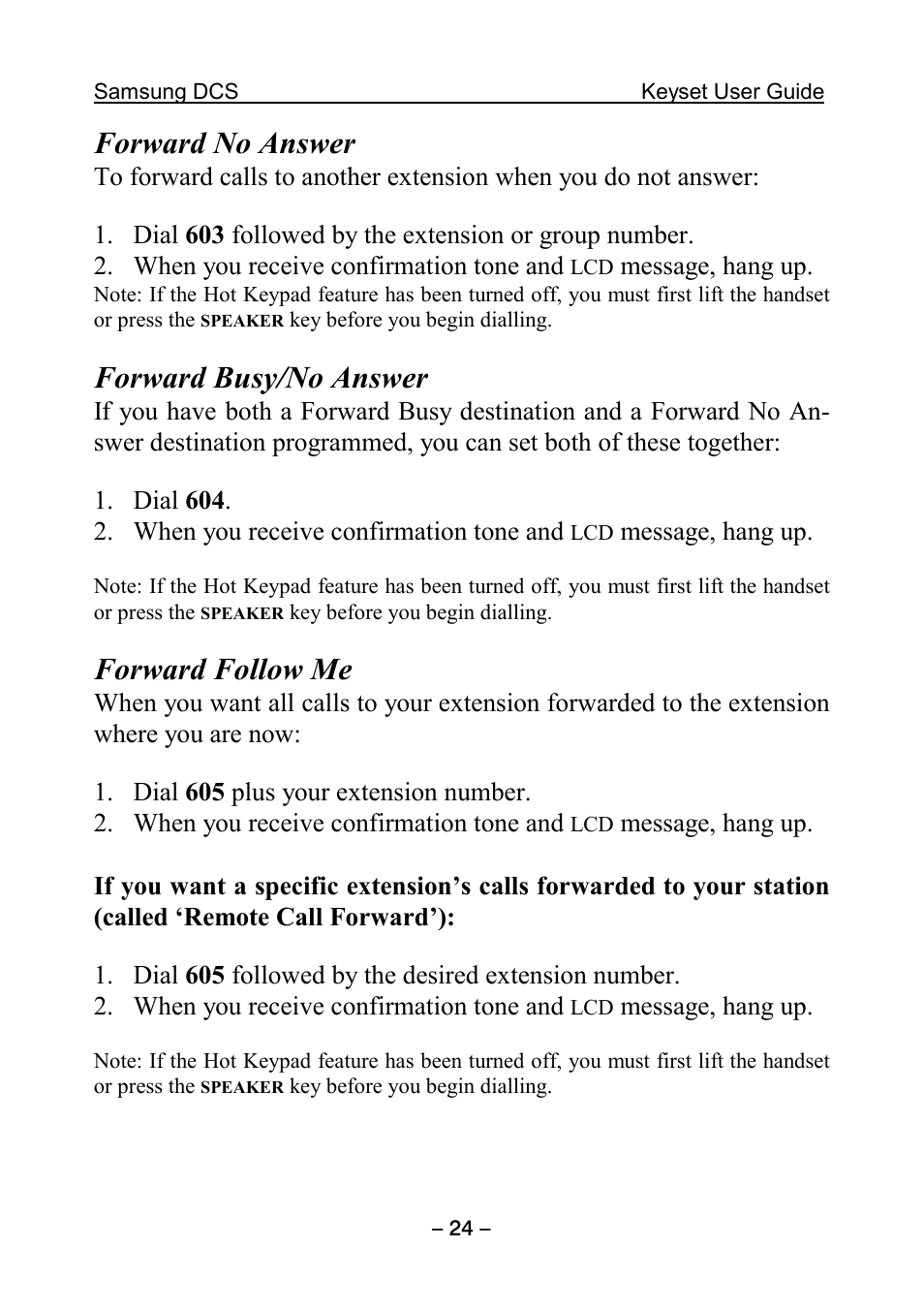 Forward no answer, Forward busy/no answer, Forward follow me | Samsung DCS KEYSET User Manual | Page 33 / 76