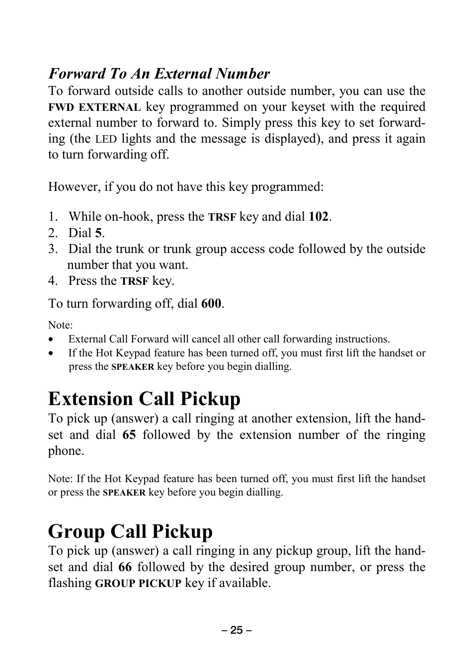 Forward to an external number, Extension call pickup, Group call pickup | Samsung DCS KEYSET User Manual | Page 34 / 76