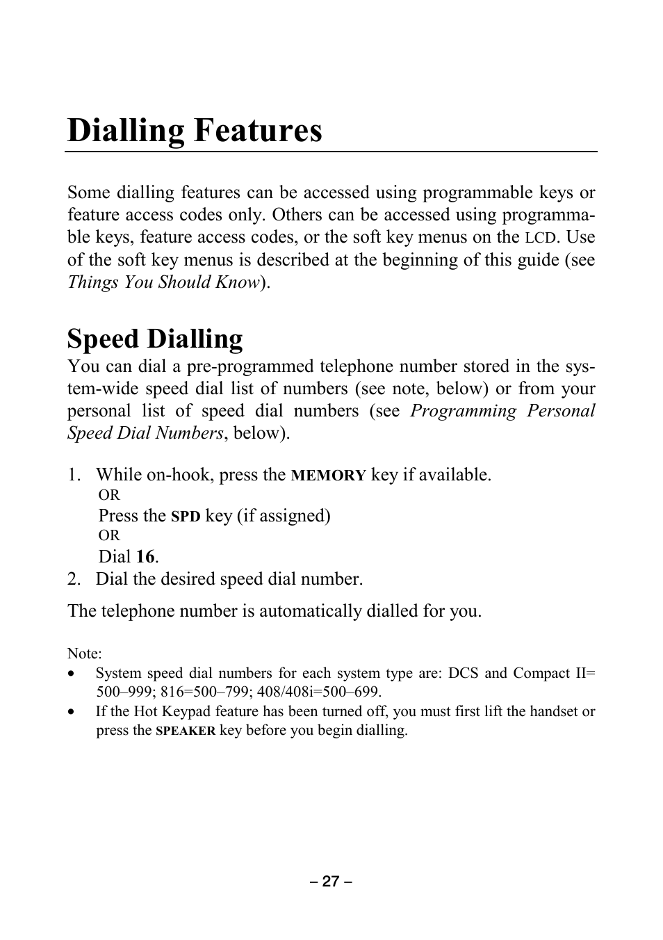 Dialling features, Speed dialling | Samsung DCS KEYSET User Manual | Page 36 / 76