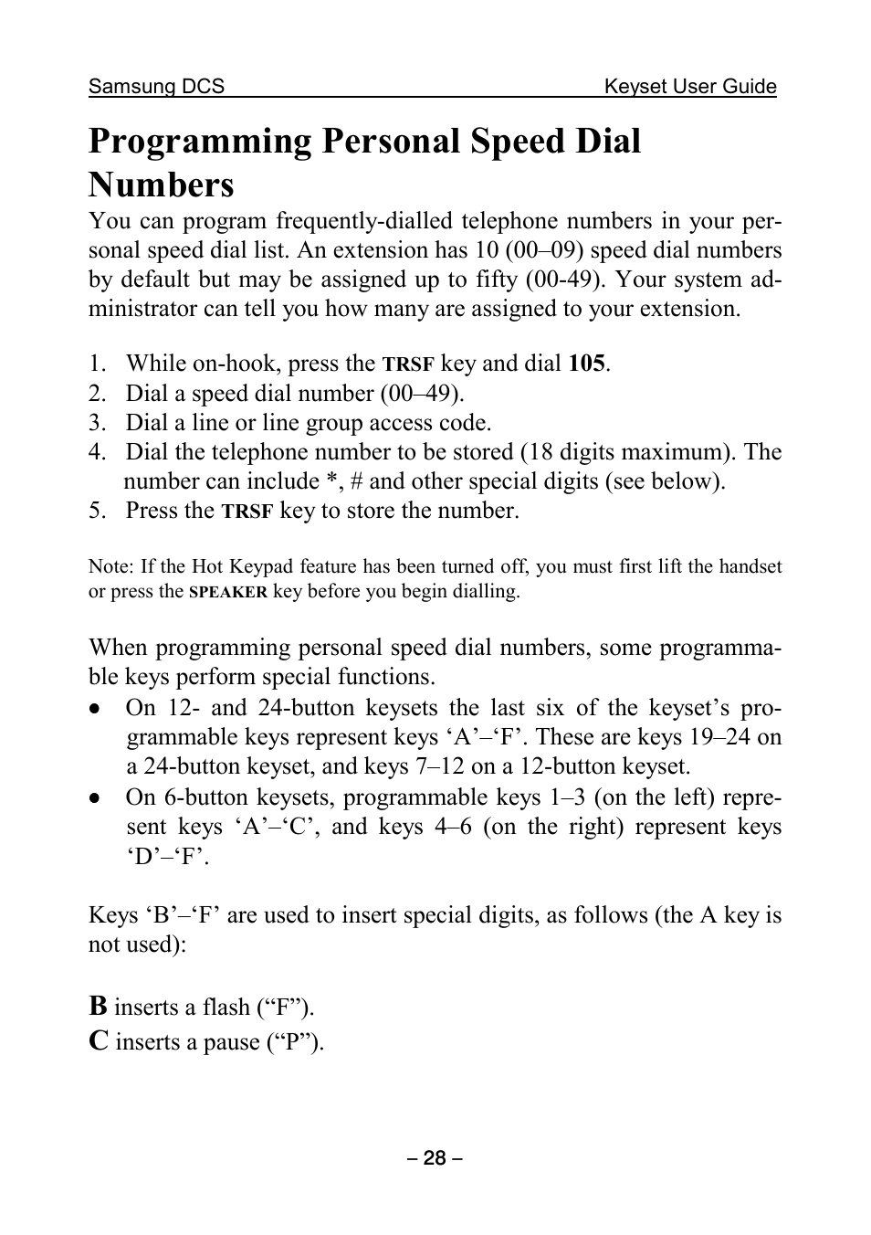 Programming personal speed dial numbers | Samsung DCS KEYSET User Manual | Page 37 / 76