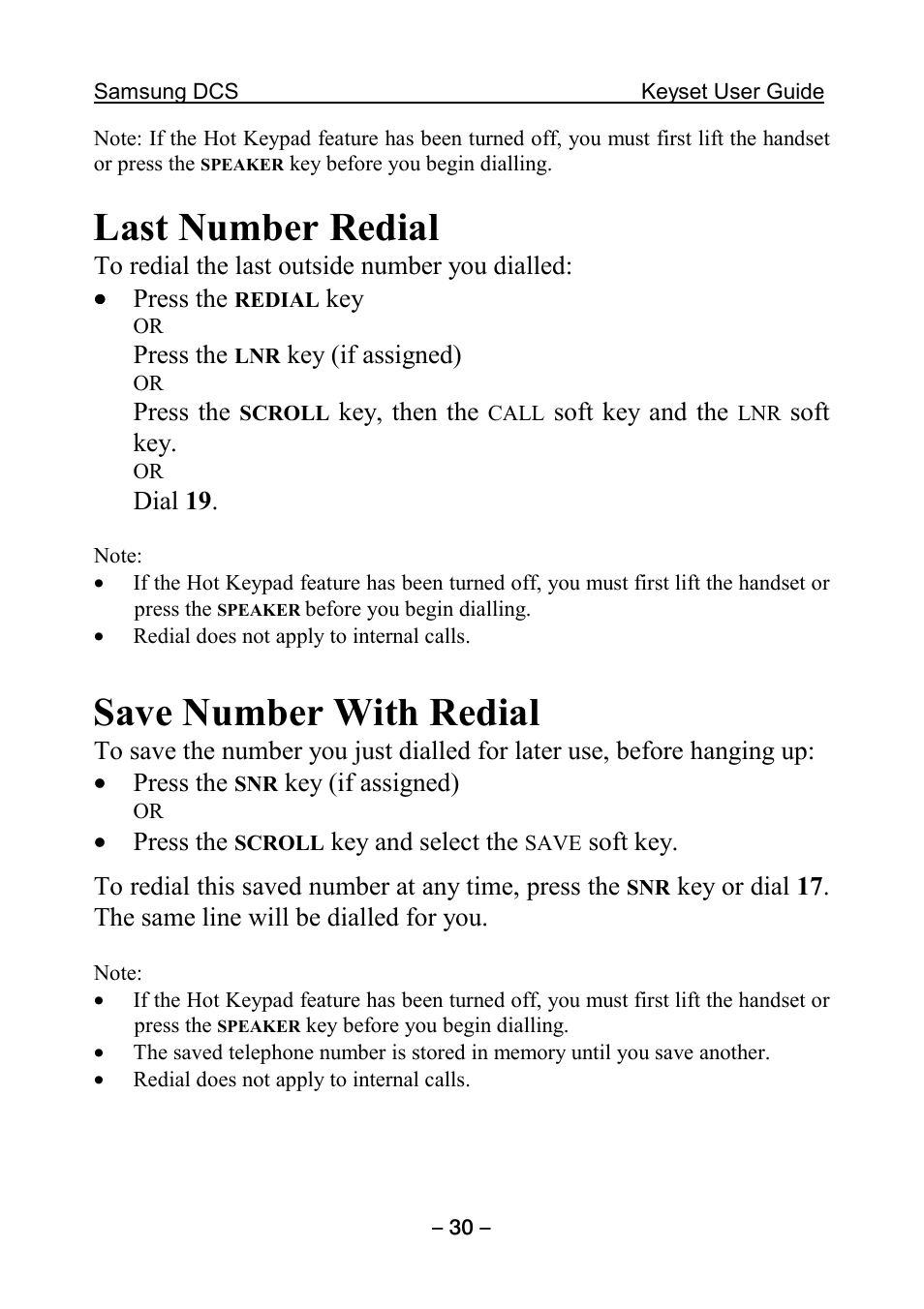 Last number redial, Save number with redial | Samsung DCS KEYSET User Manual | Page 39 / 76