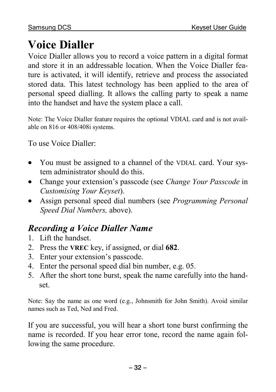 Voice dialler, Recording a voice dialler name | Samsung DCS KEYSET User Manual | Page 41 / 76