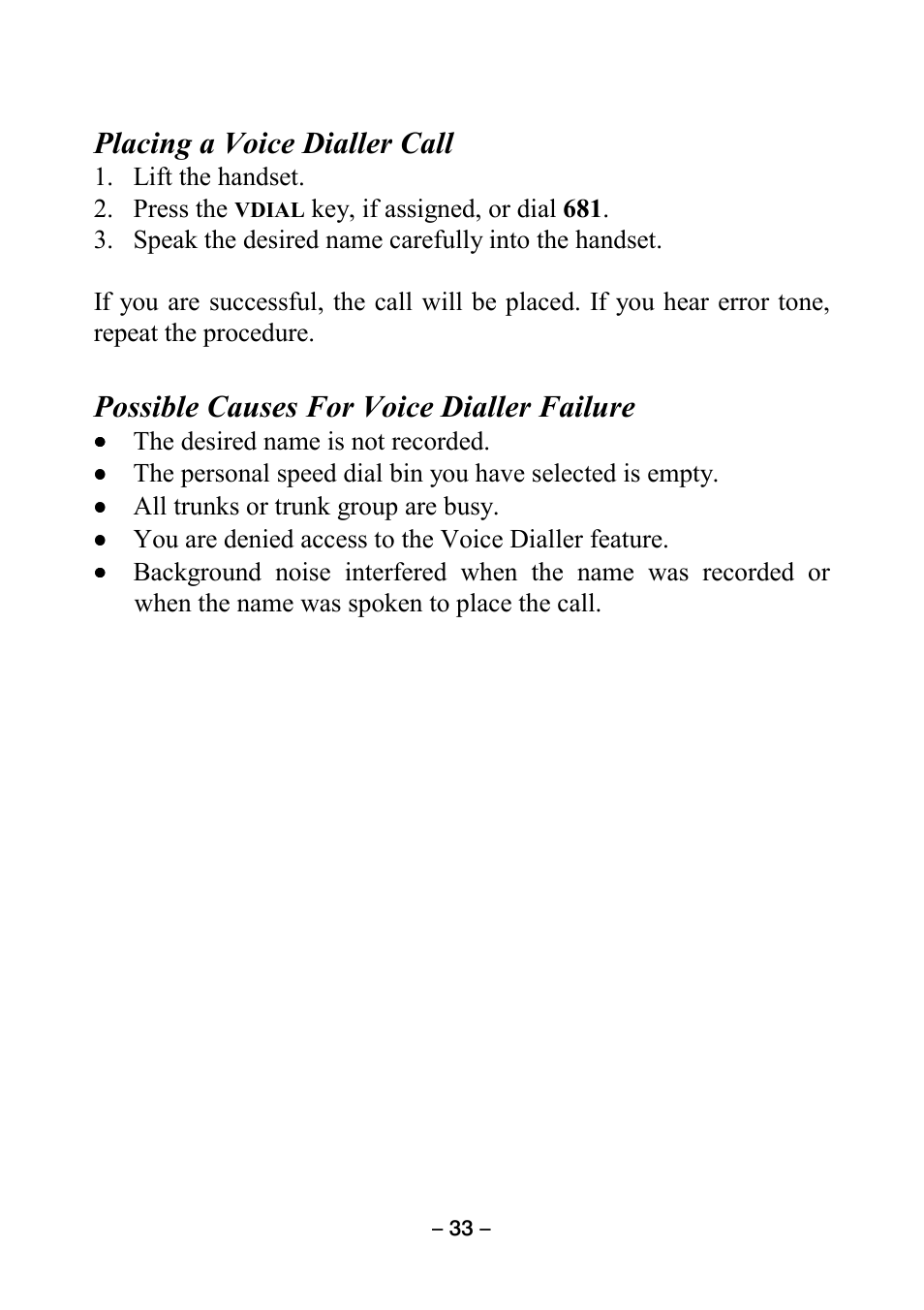 Placing a voice dialler call, Possible causes for voice dialler failure | Samsung DCS KEYSET User Manual | Page 42 / 76