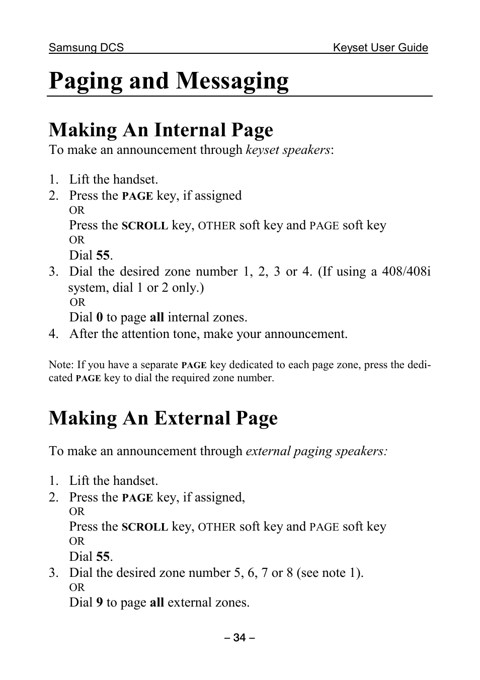 Paging and messaging, Making an internal page, Making an external page | Samsung DCS KEYSET User Manual | Page 43 / 76