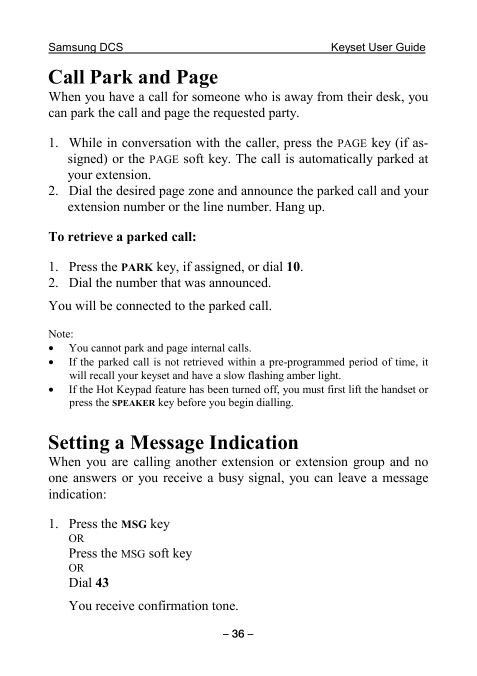 Setting a message indication, Call park and page | Samsung DCS KEYSET User Manual | Page 45 / 76