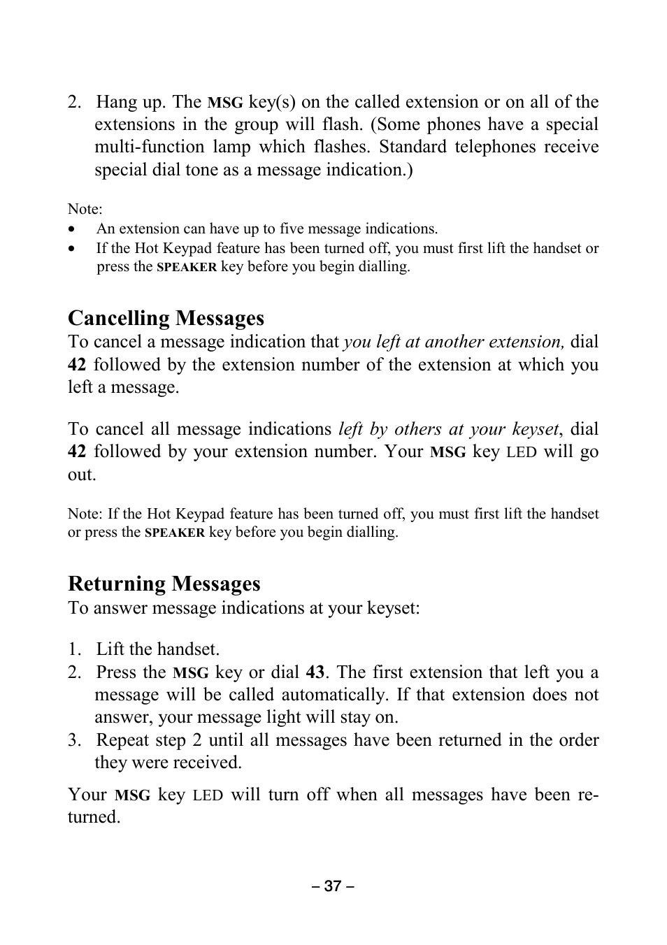 Cancelling messages, Returning messages, Cancelling | Messages, Returning | Samsung DCS KEYSET User Manual | Page 46 / 76