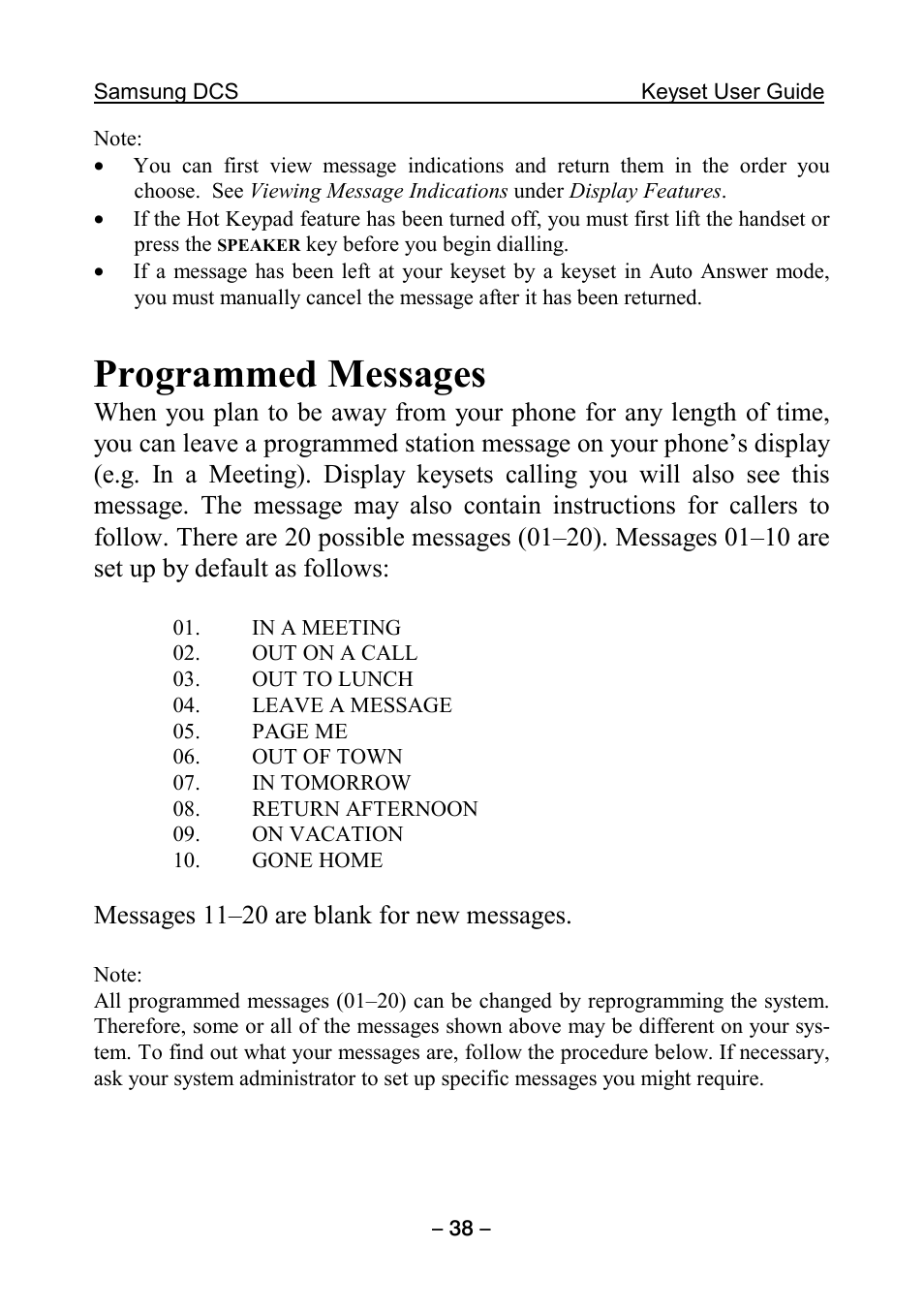 Programmed messages, Messages 11–20 are blank for new messages | Samsung DCS KEYSET User Manual | Page 47 / 76