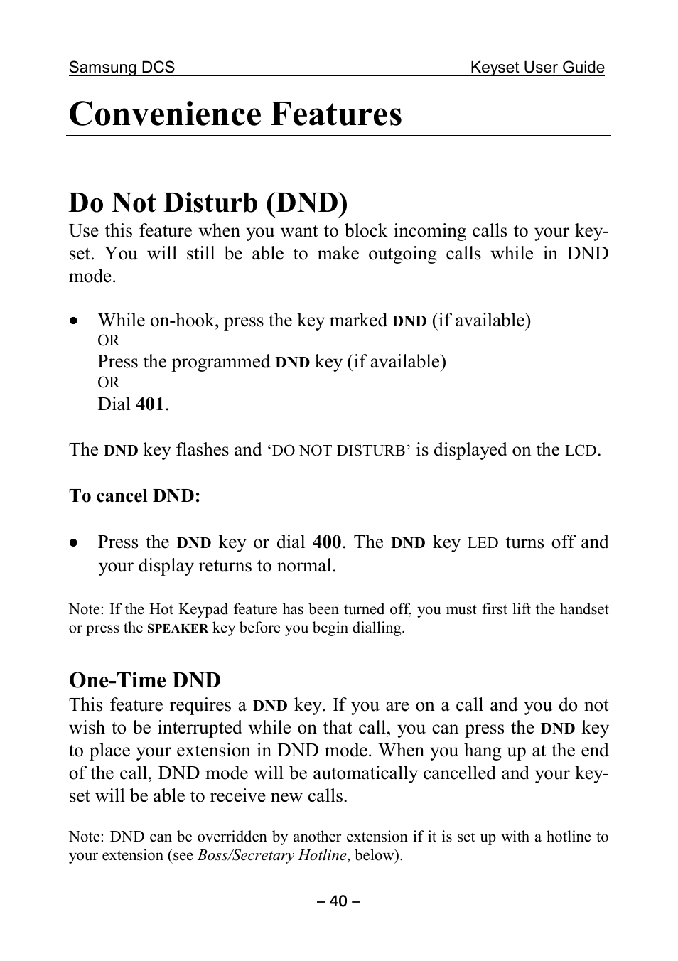 Convenience features, Do not disturb (dnd), One-time dnd | One-time | Samsung DCS KEYSET User Manual | Page 49 / 76