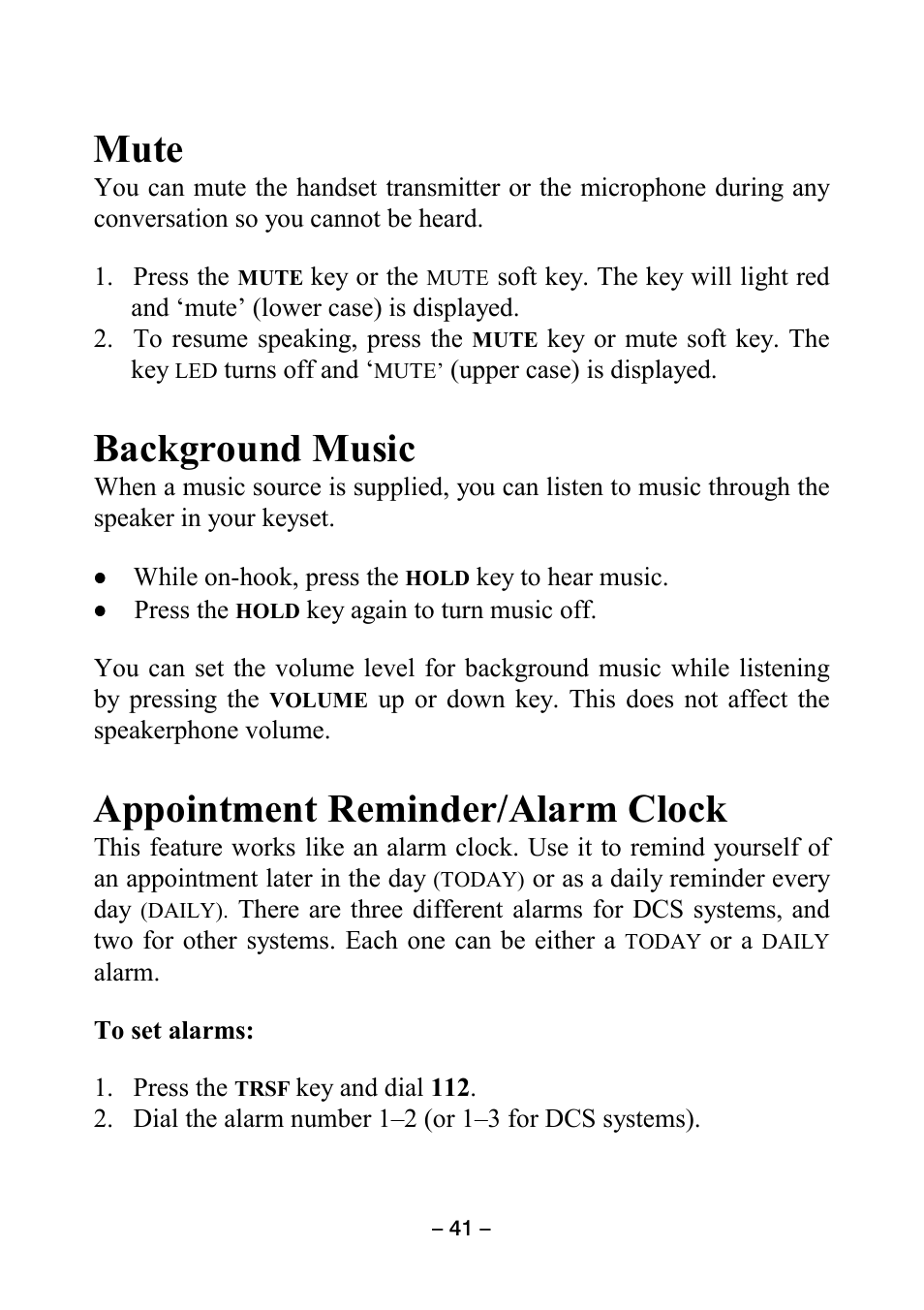 Mute, Background music, Appointment reminder/alarm clock | Samsung DCS KEYSET User Manual | Page 50 / 76