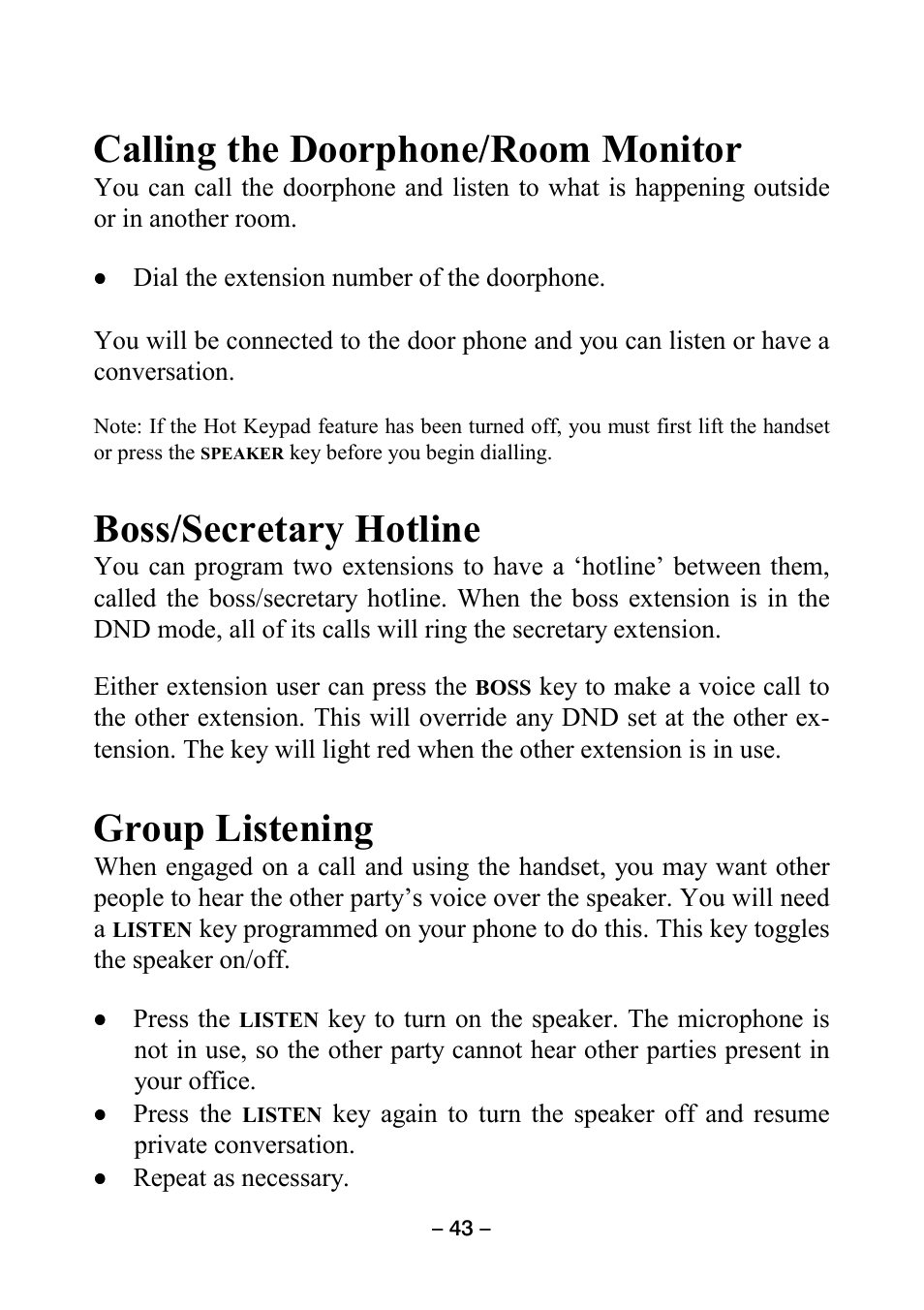 Calling the doorphone/room monitor, Boss/secretary hotline, Group listening | Samsung DCS KEYSET User Manual | Page 52 / 76