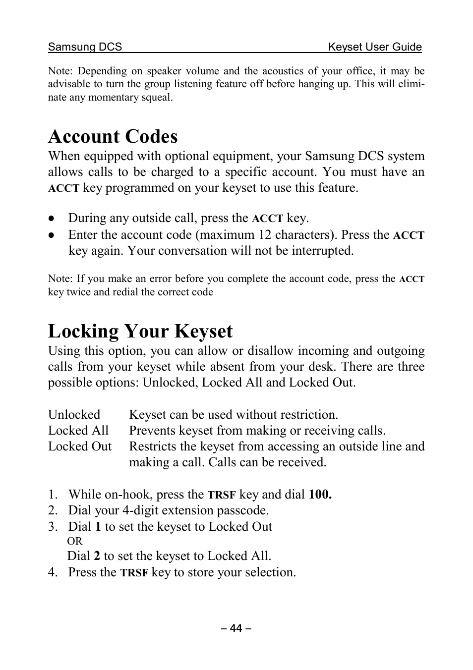 Account codes, Locking your keyset | Samsung DCS KEYSET User Manual | Page 53 / 76