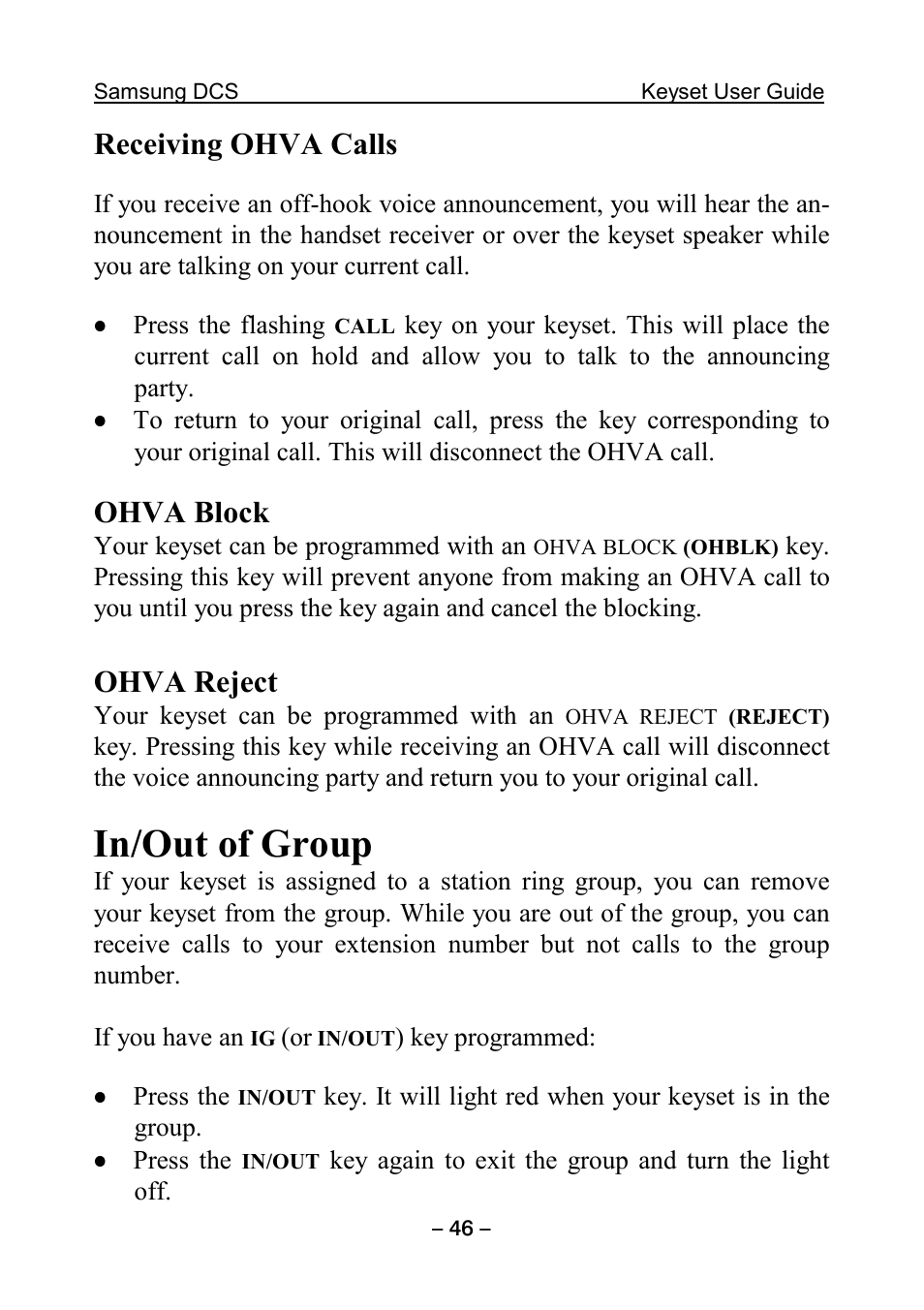 Ohva block, Ohva reject, In/out of group | Receiving ohva calls | Samsung DCS KEYSET User Manual | Page 55 / 76